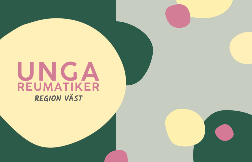 Logotyp för Unga Reumatiker Region Väst, mot en grön bakgrund med rosa och ljusa fläckar